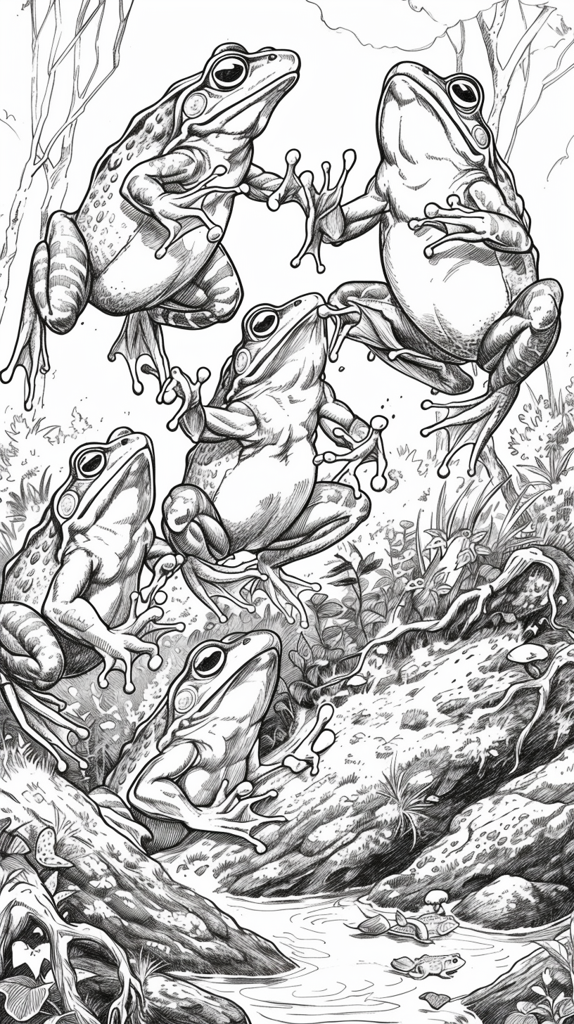 Joyous group of American bullfrogs jumping in landscape