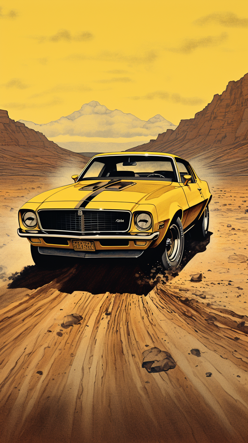 1970s yellow Camaro dark fantasy image