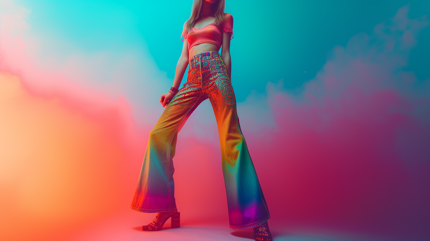 1970s fashion model in vibrant bell-bottoms