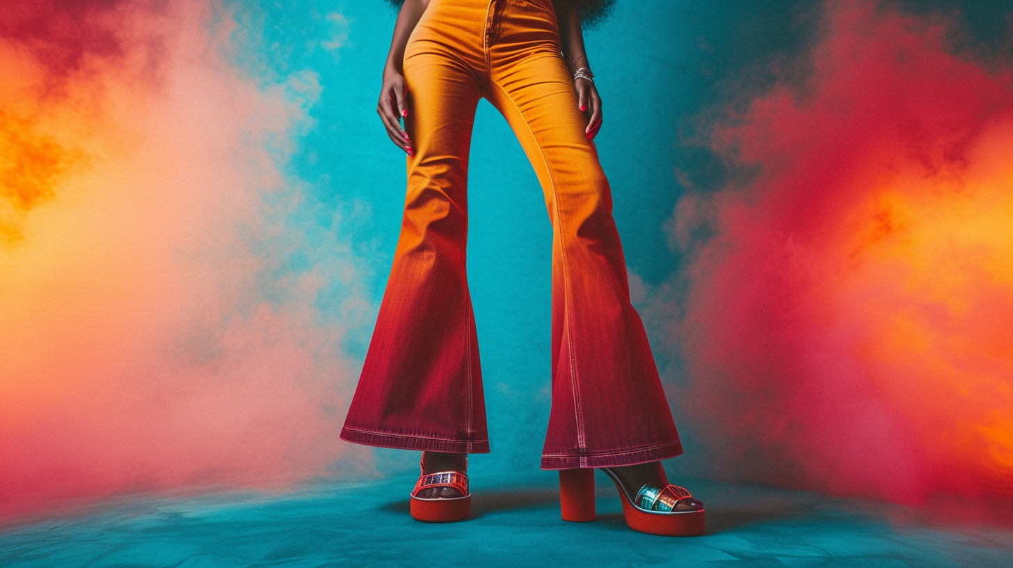 1970s fashion model in bell bottoms and platform shoes