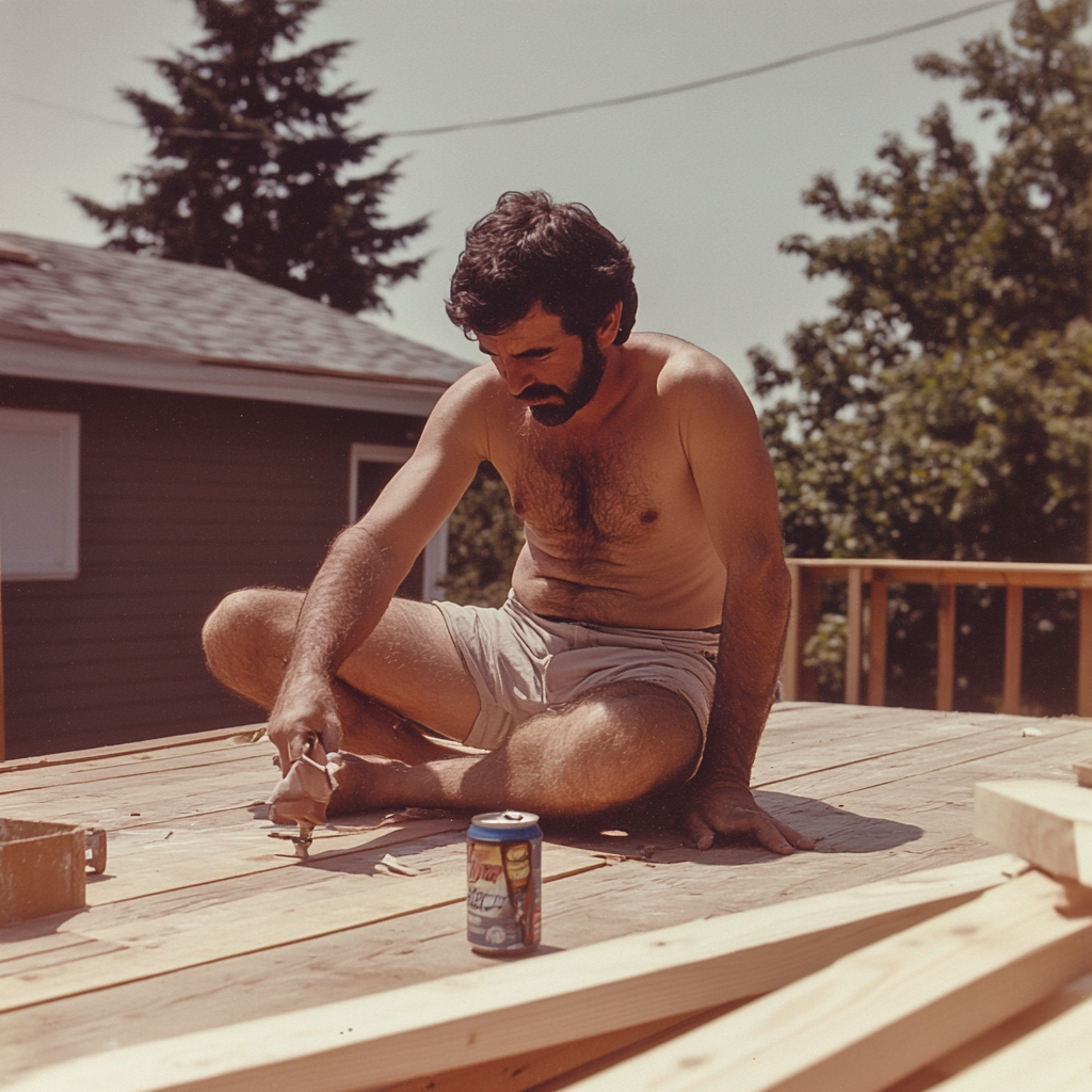 1970s man hammering deck construction, beer nearby, athletic shorts