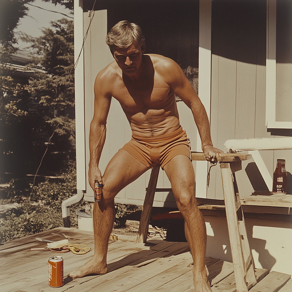 1970s man working on deck with beer hyperrealistic stock photo.