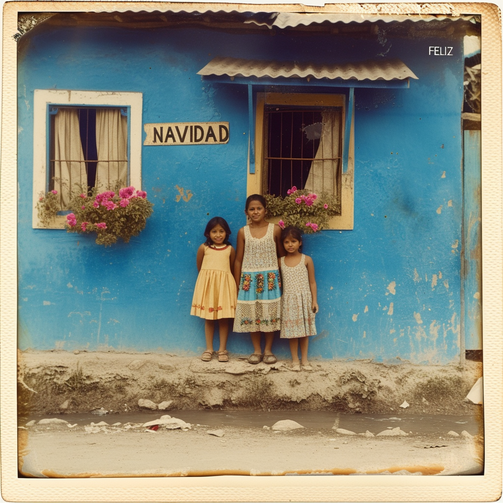 Mexican mother and daughters in 1970s Christmas card