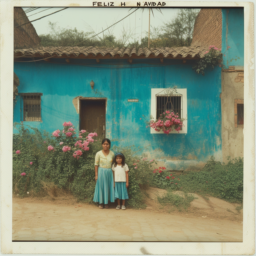 1970s Mexican family in front of blue colonial house