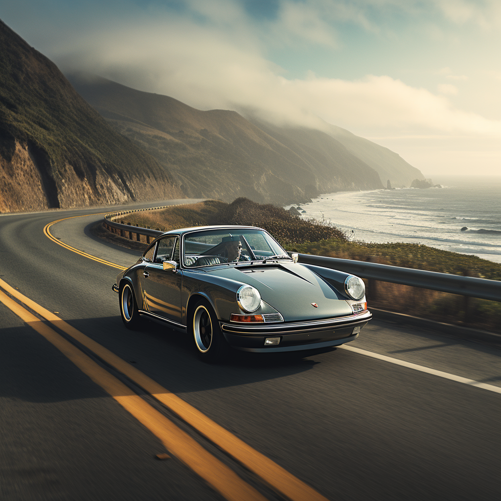 Classic Porsche 911 driving on Pacific Coast Highway