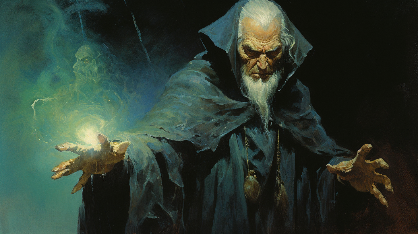 Dark fantasy cover art with old man in black robes