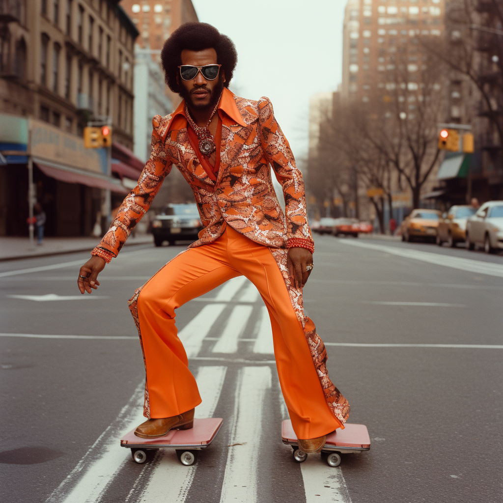 1970s man rollerskating in vibrant orange outfit