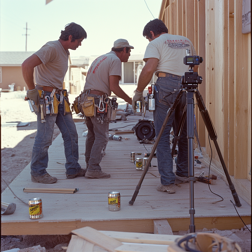 1975 Documentary Scene: Men Working on Deck Project