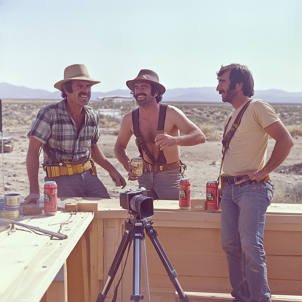 1975 Men Building Deck with Beer and Camera