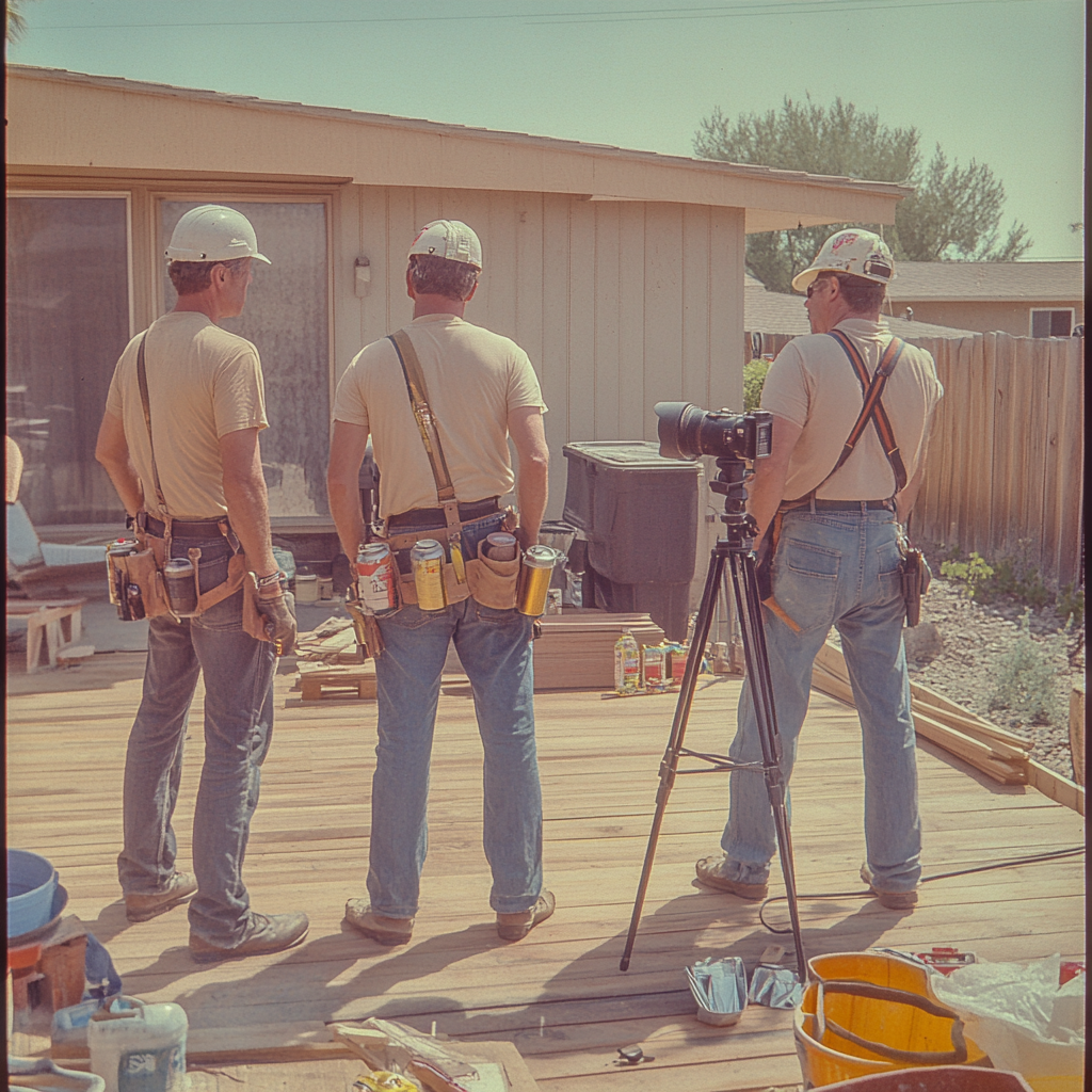 1975 men working on deck project in desert city