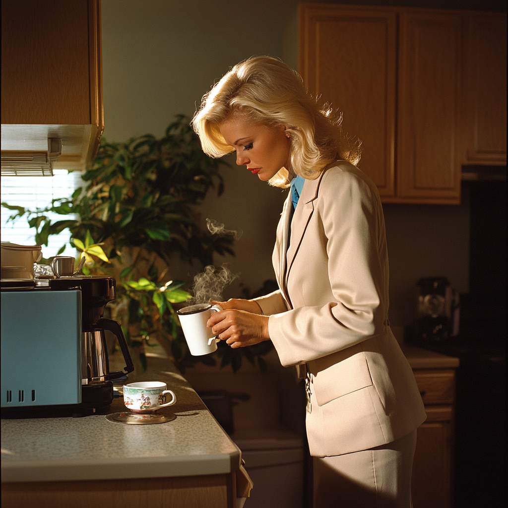 1980's Blonde Woman Making Coffee in Business Suit