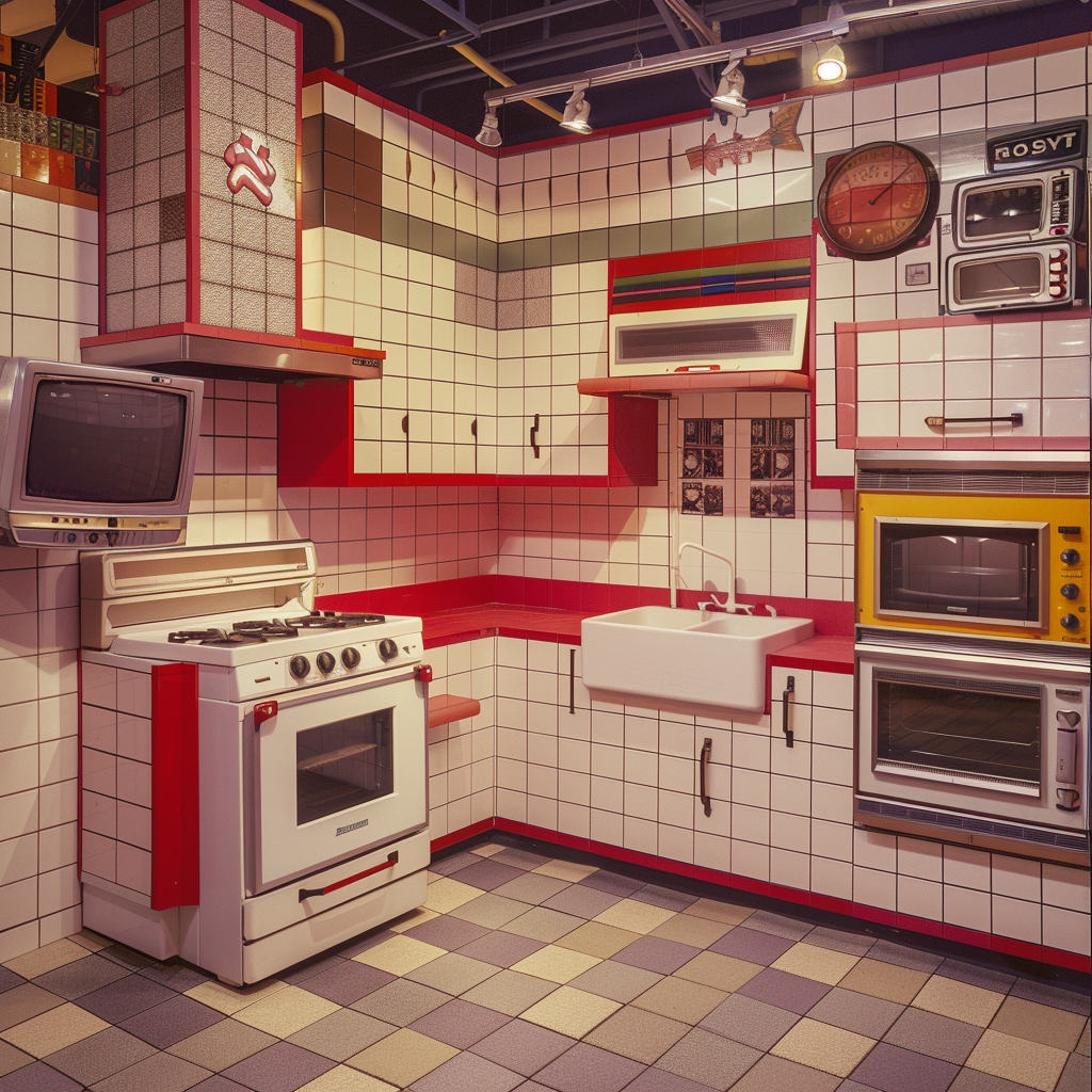 1980's Minimal Kitchen Design with Red Trim Tiles and Nightmare TV Art Installation