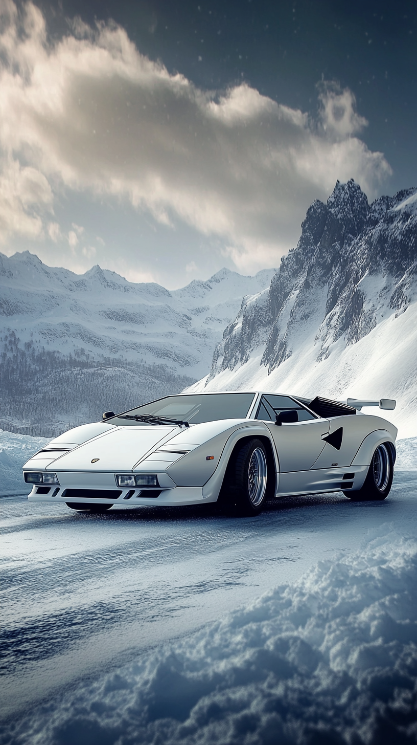 1980 Lamborghini Countach in glossy white amidst snow-covered mountains.