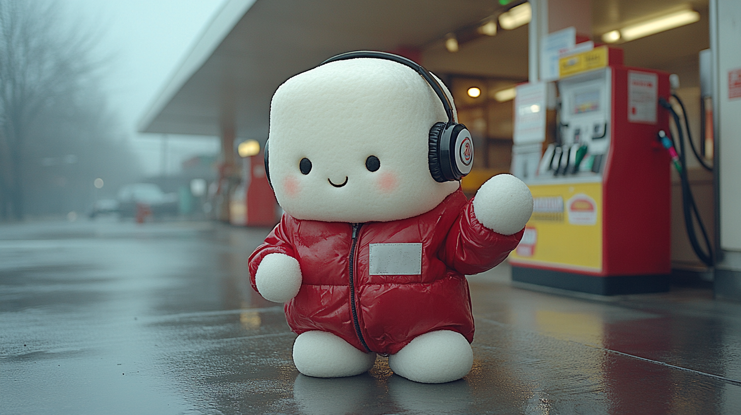 1980 movie scene: marshmallow gas station worker with headphones.