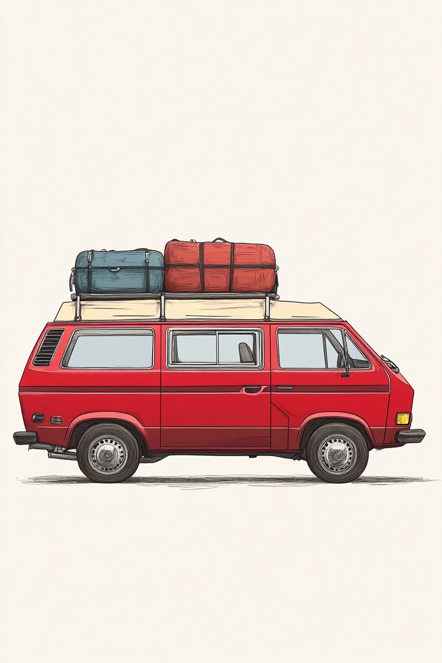 1980 red van with luggage on roof, drawn in ink.