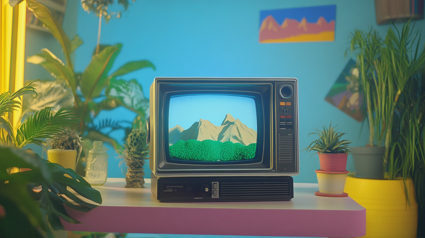 1980s TV frame on pastel desk with neon plants.