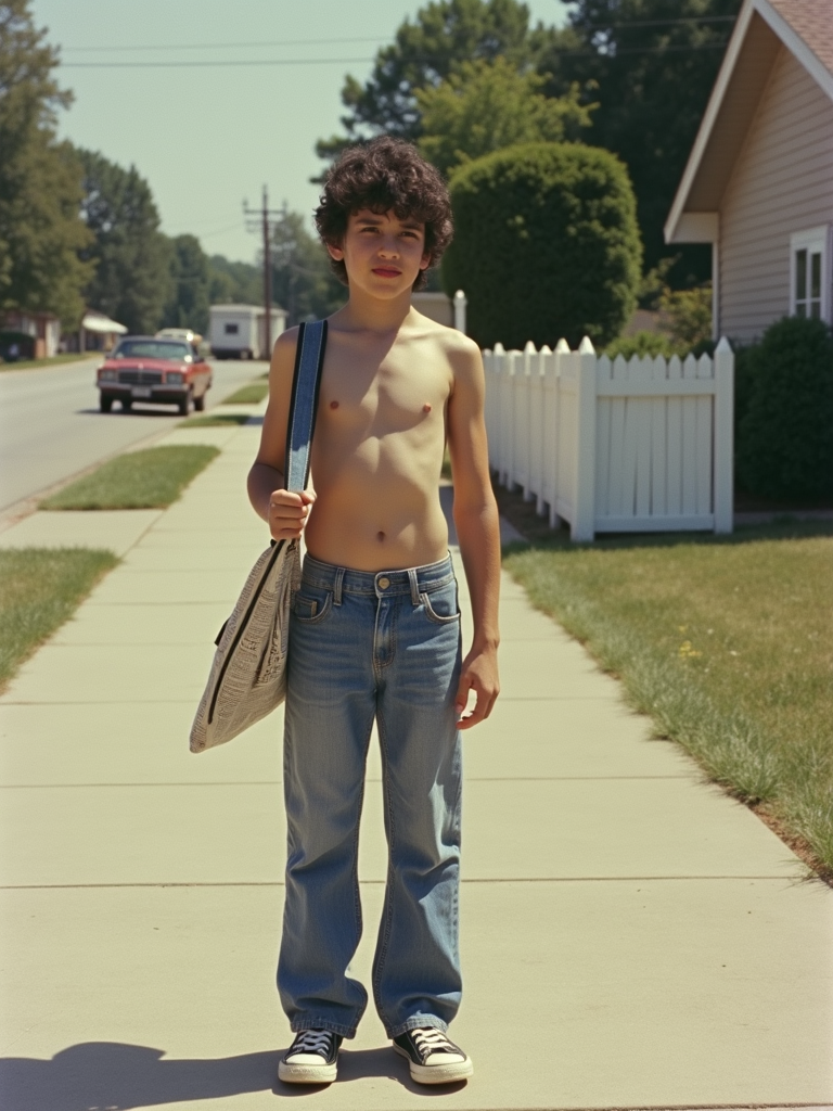 1980s Teenager Delivering Newspapers in Suburb