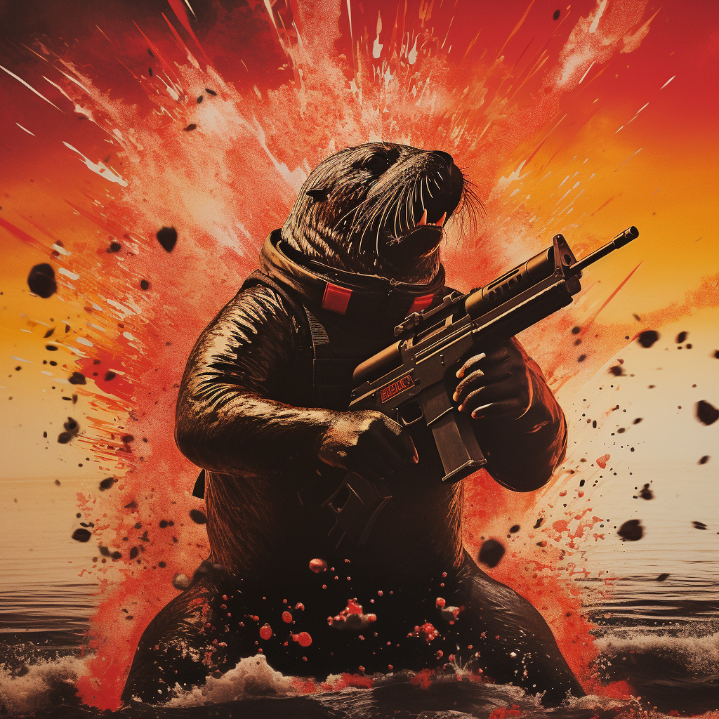 Sea lion in tactical gear engaged in explosive battle