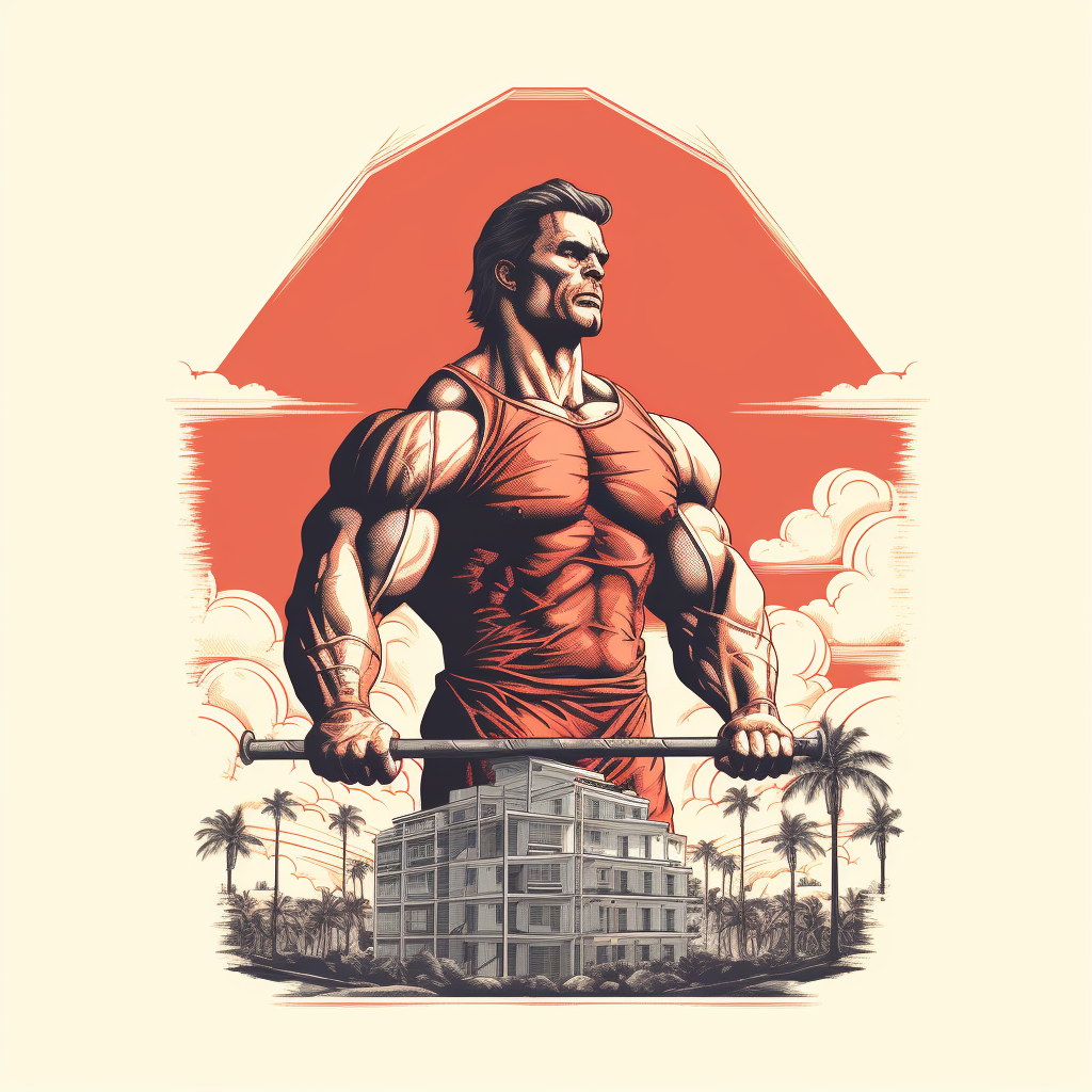 Stylish 1980s bodybuilding t-shirt on white background