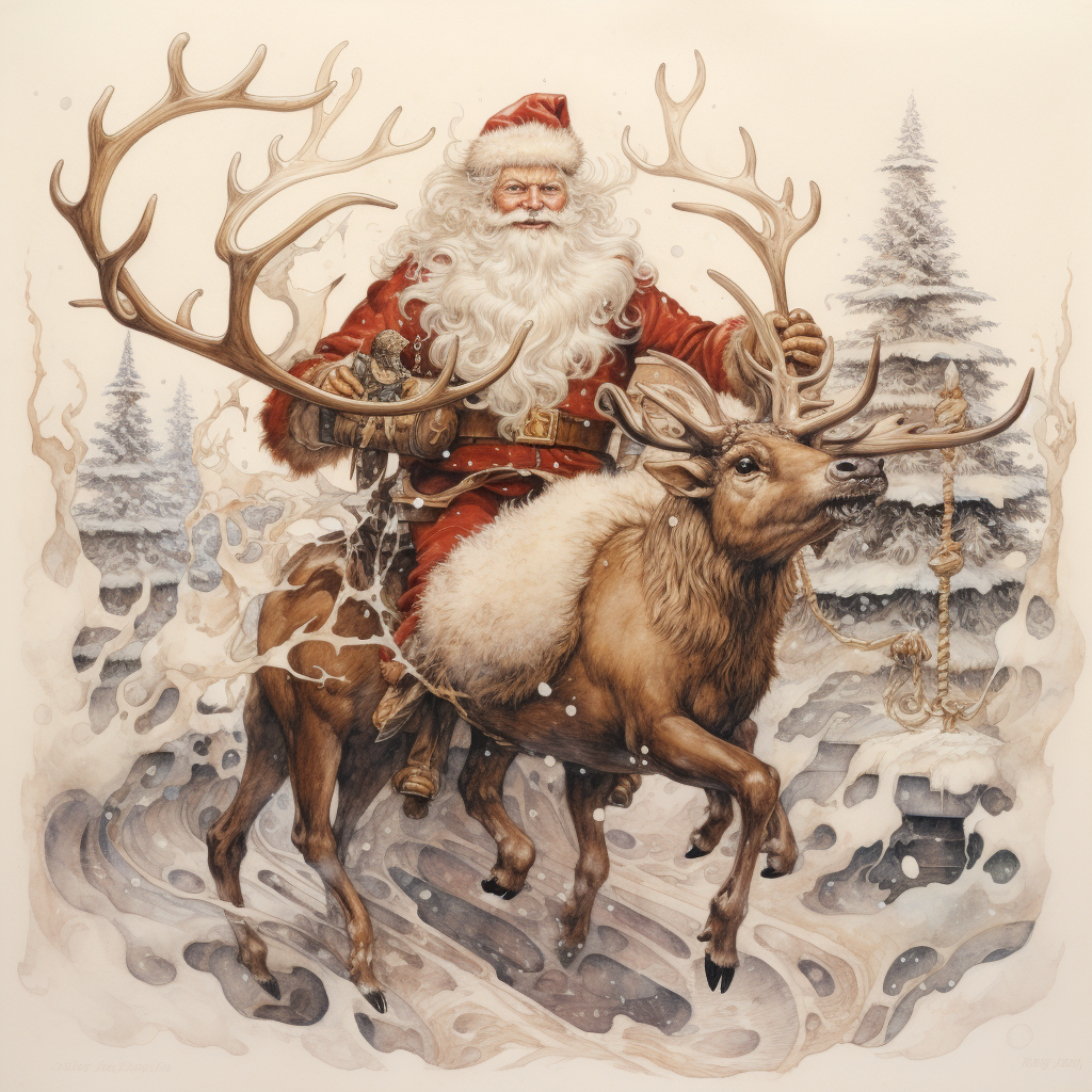 Santa and reindeer in 1980s Christmas card art