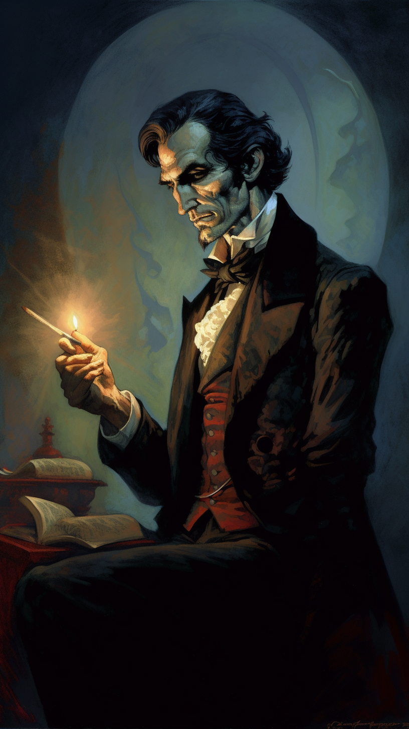 Dark fantasy book illustration in Frazette-Art style featuring Abe Lincoln as a vampire slayer