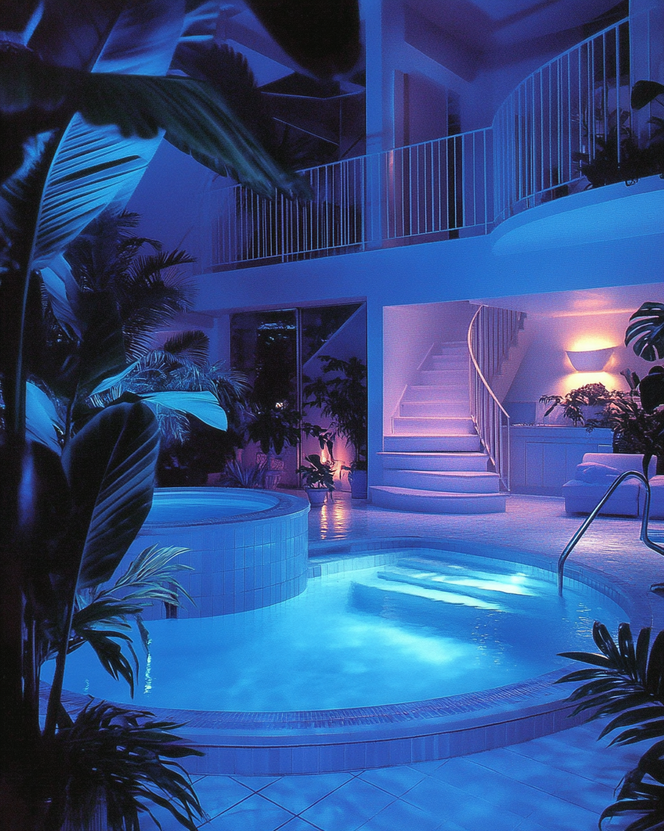 1980s decor style magazine, mansion indoor pool, Miami.