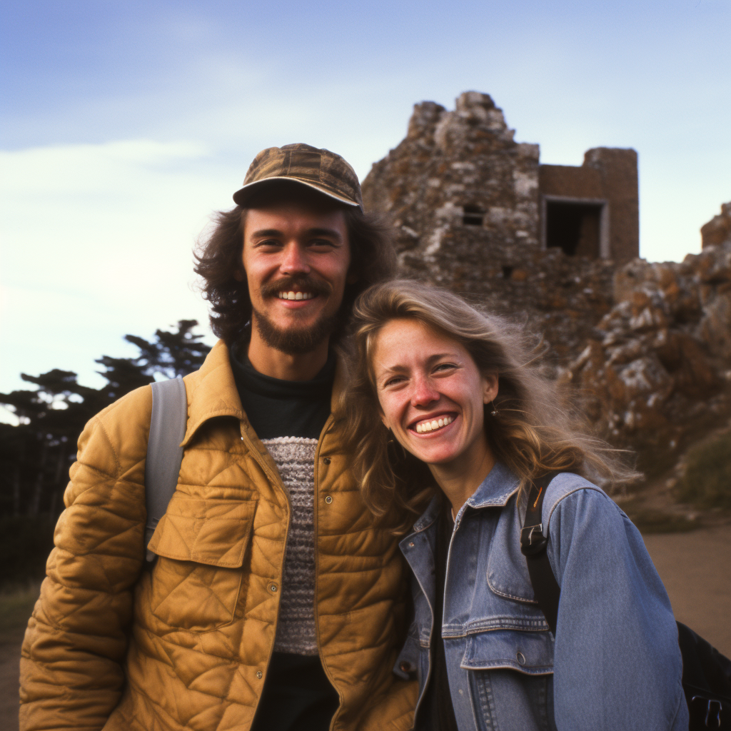 Family hikers smiling in 1980s