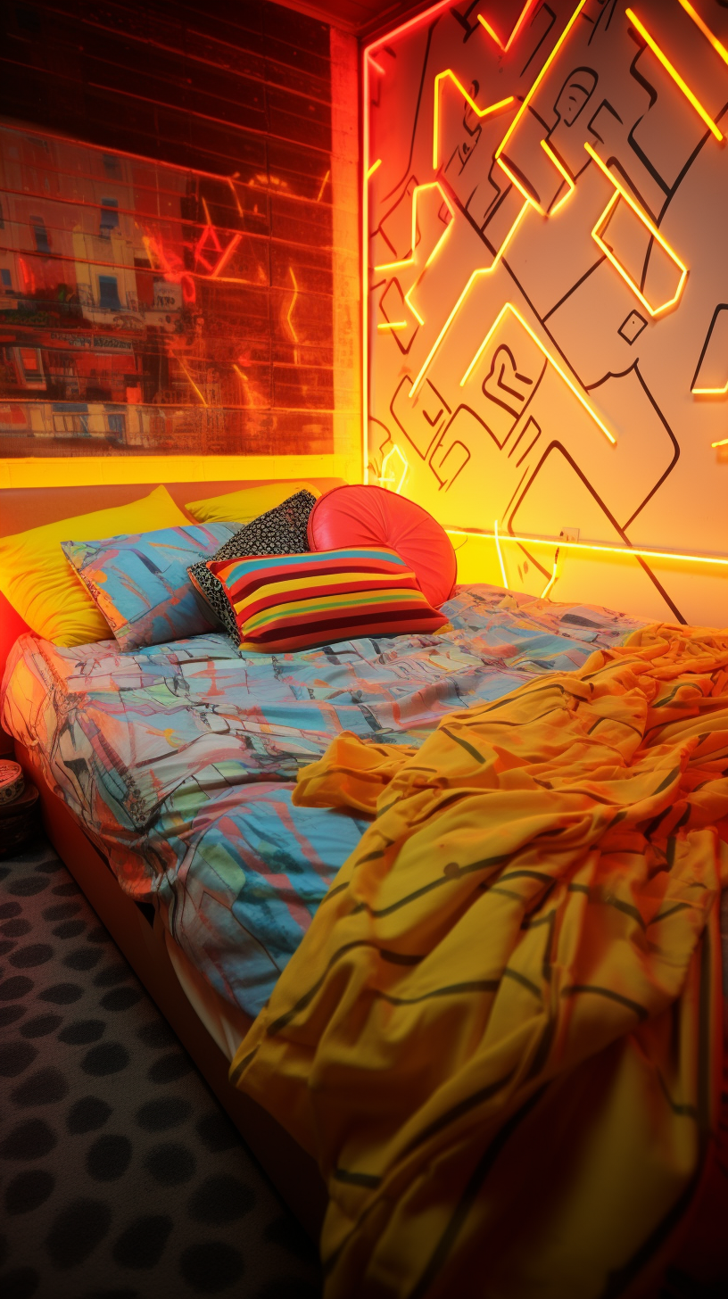 Vibrant 1980s interior bedroom with neon pattern