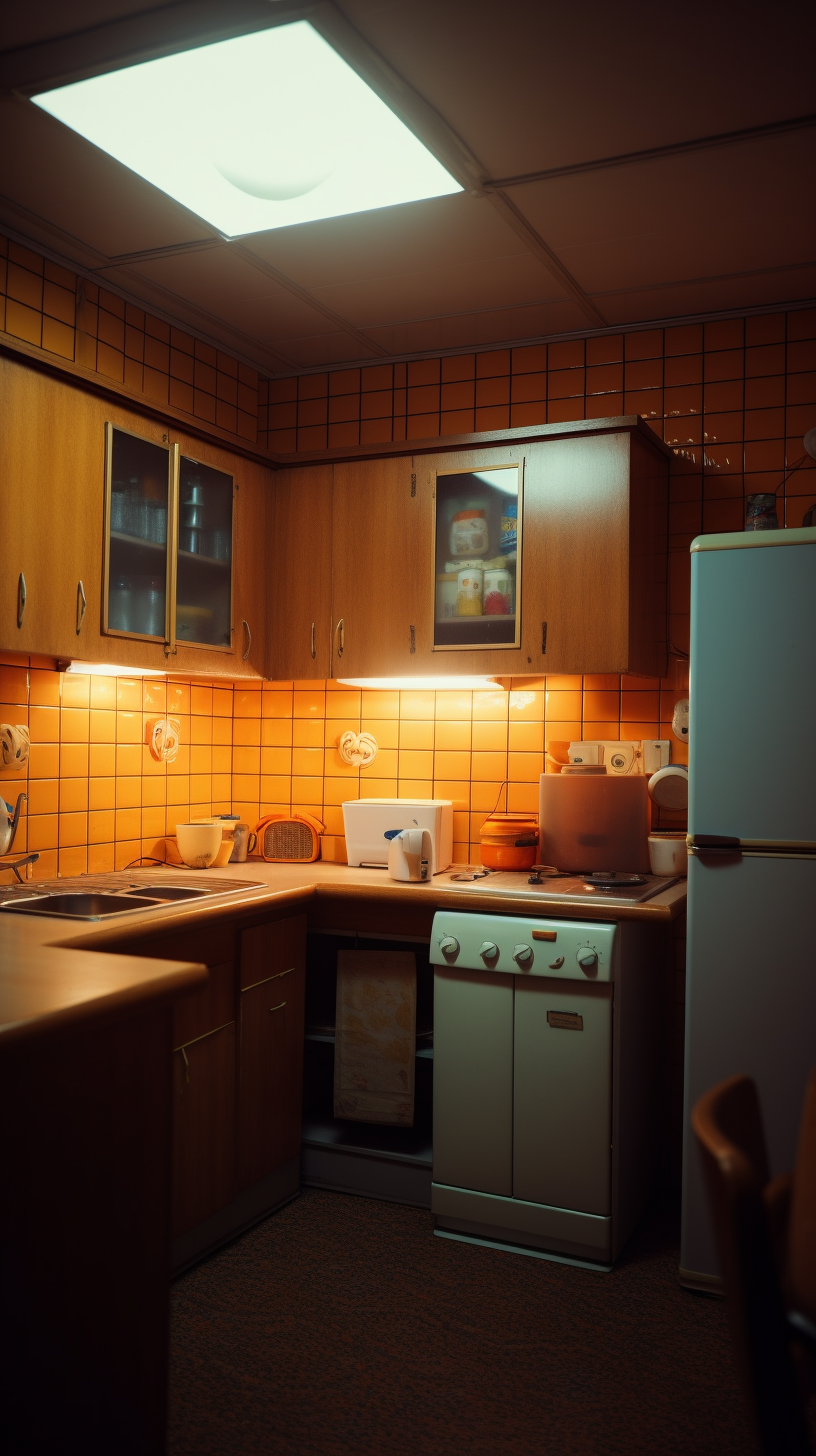 Vintage 1980s kitchen with colorful patterns