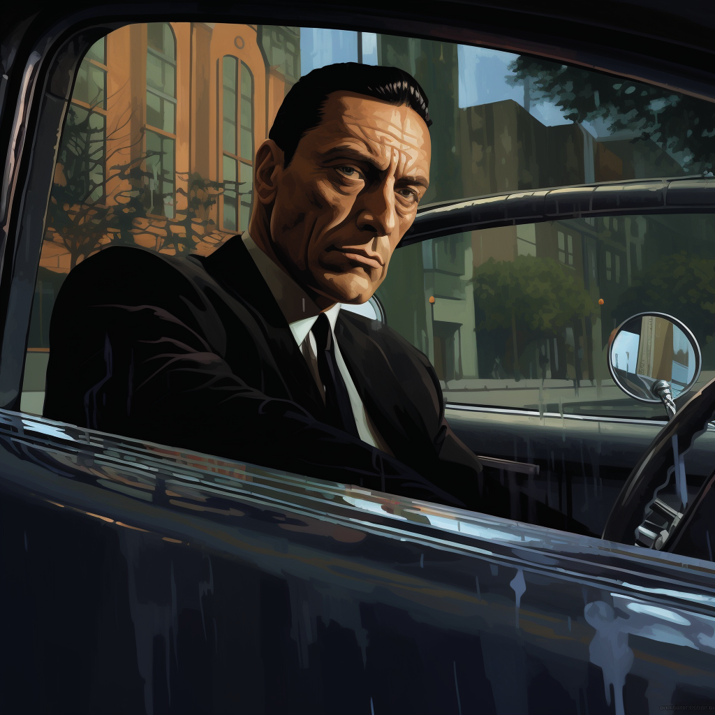 Mobster sitting in Buick, gazing at urban reflection