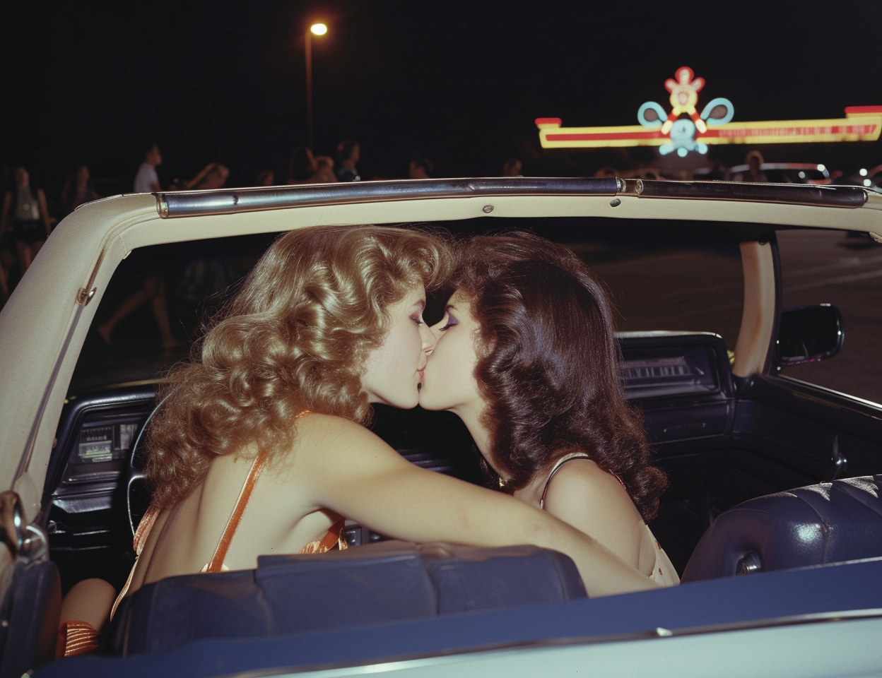 Two young women kissing in 1980s movie style