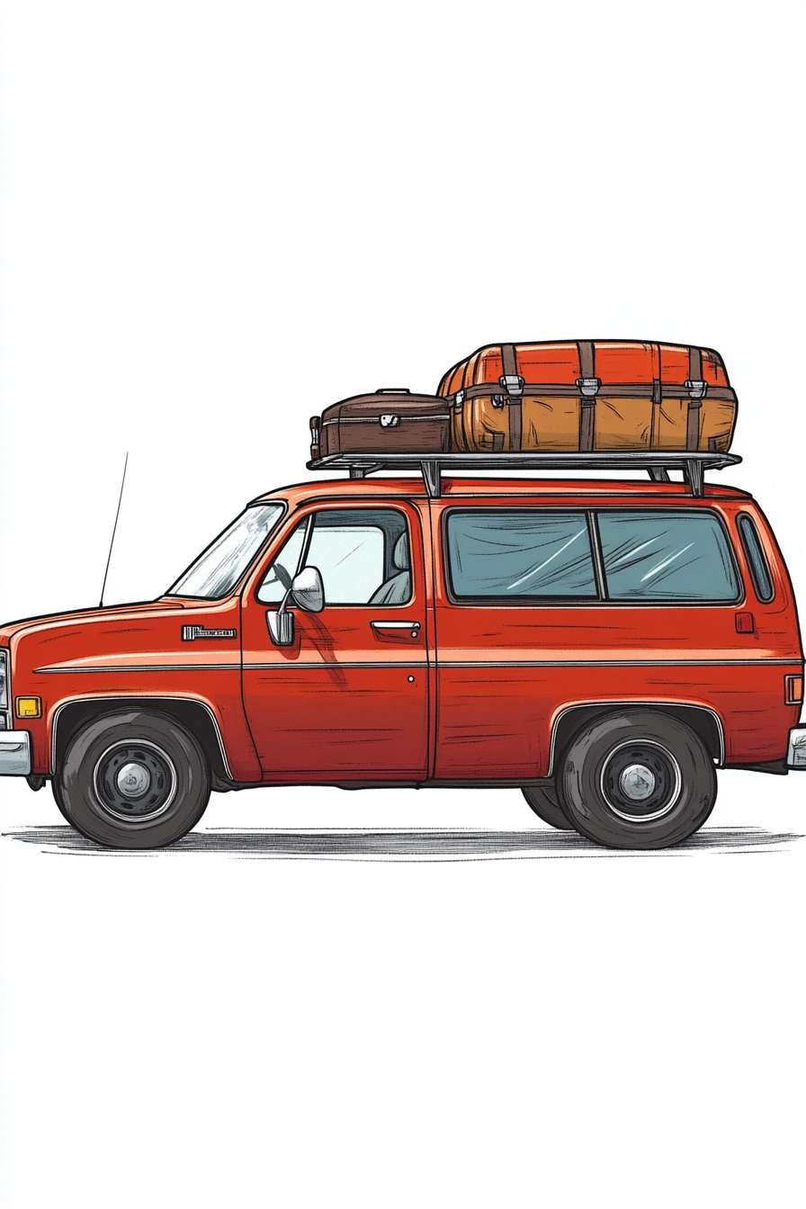 1980s red Chevy panel van with luggage on roof.