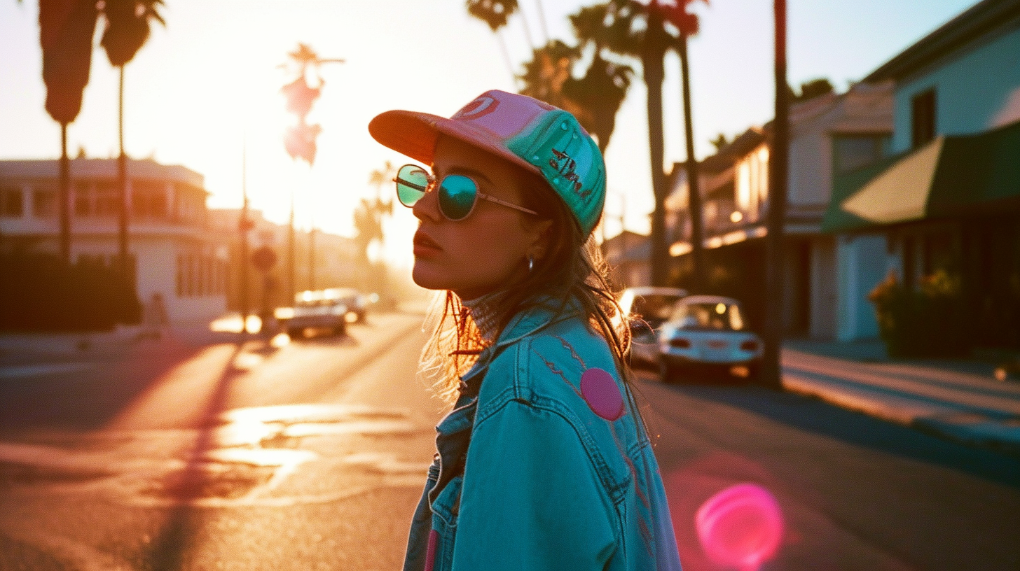 Skater girl in vibrant 1980s street scene