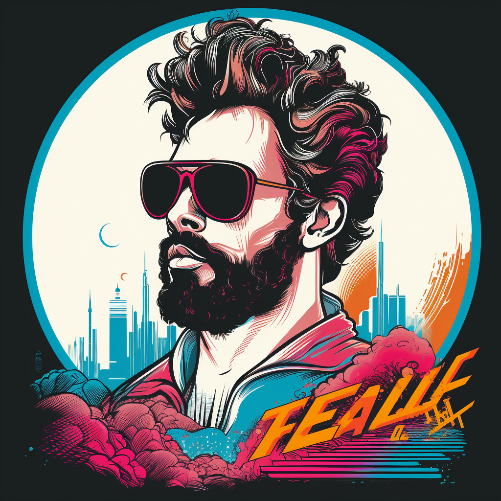 Colorful 1980s Style Line Art T-Shirt Design