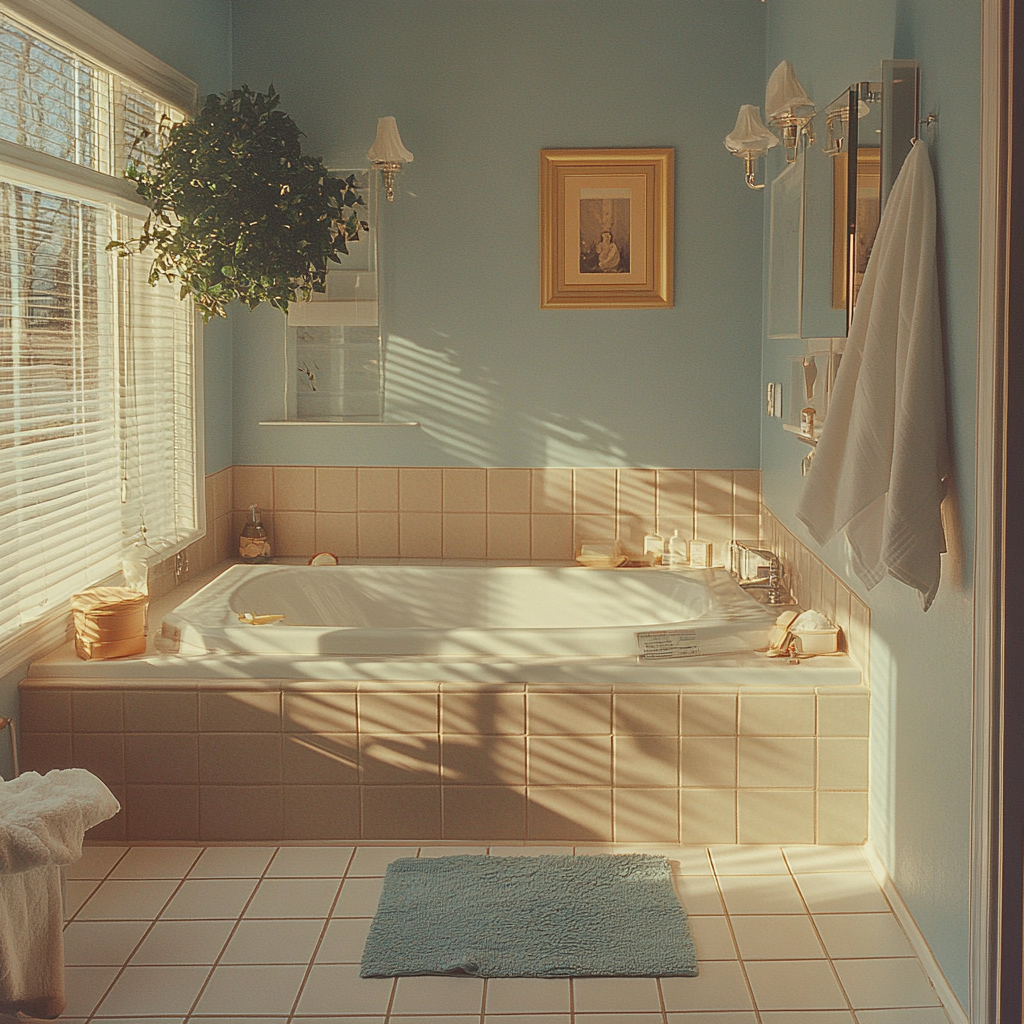 1980s style master bathroom in Washington, well-lit. Blue and tan decor, sunlight through windows. Shot on Fuji film.