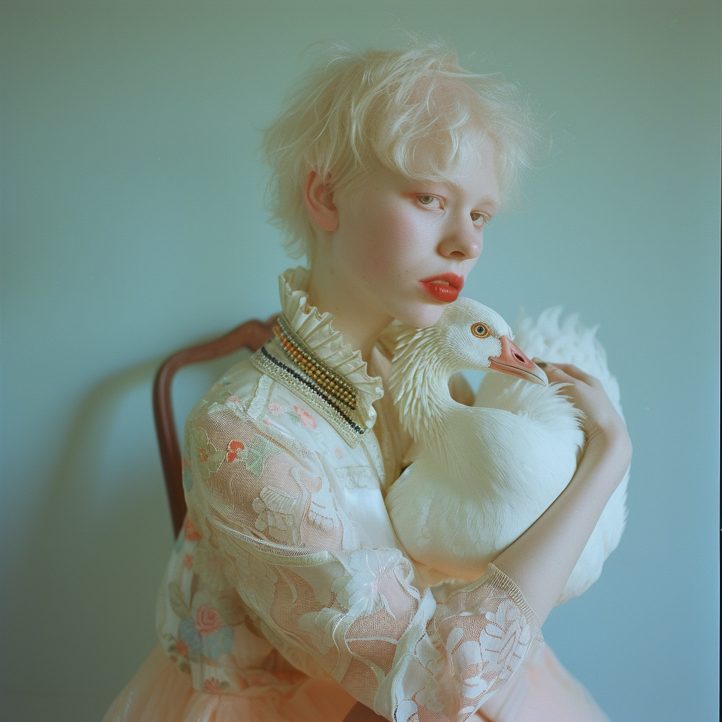 Retro girl with linen goose in 1980s