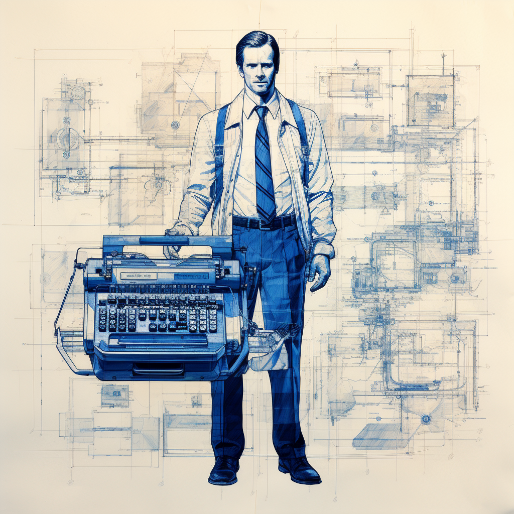 Detailed blueprint of a 1980s businessman