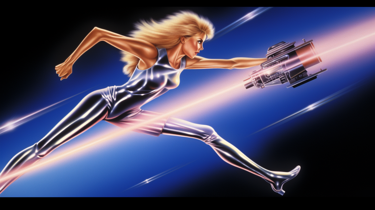 Blonde woman dodging lasers in 1980s movie poster