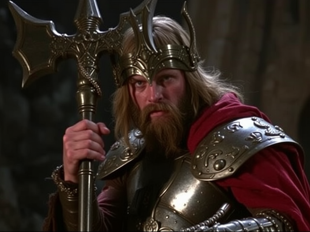 1982 dark fantasy film Excalibur, warrior holding hammer.