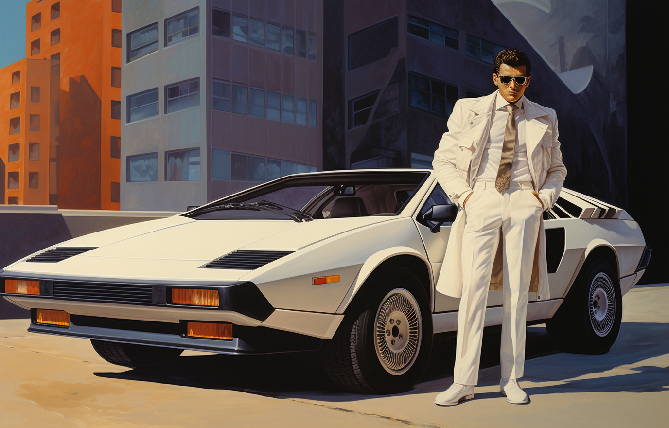 Man with trench coat and mullet standing beside 1989 Lamborghini Urus