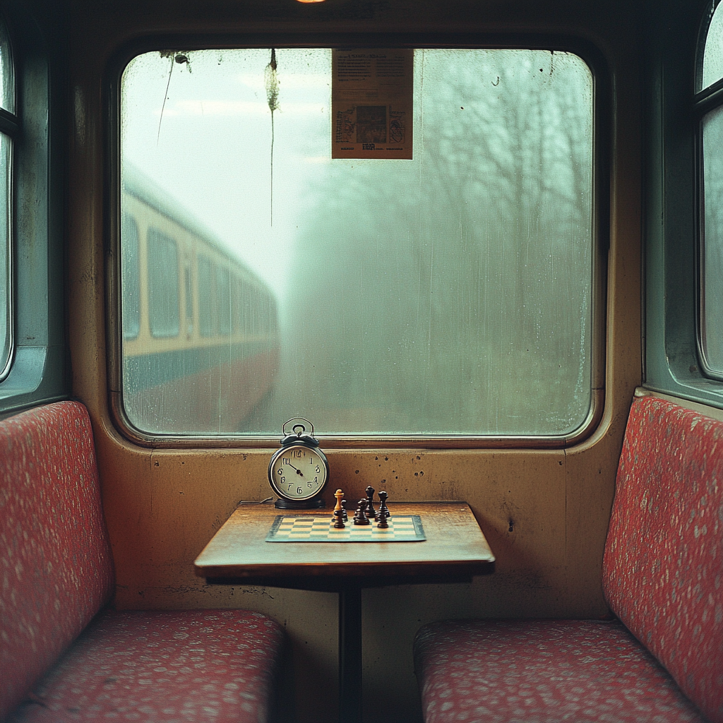 1990s Irish train carriage interior with chess clock timer.