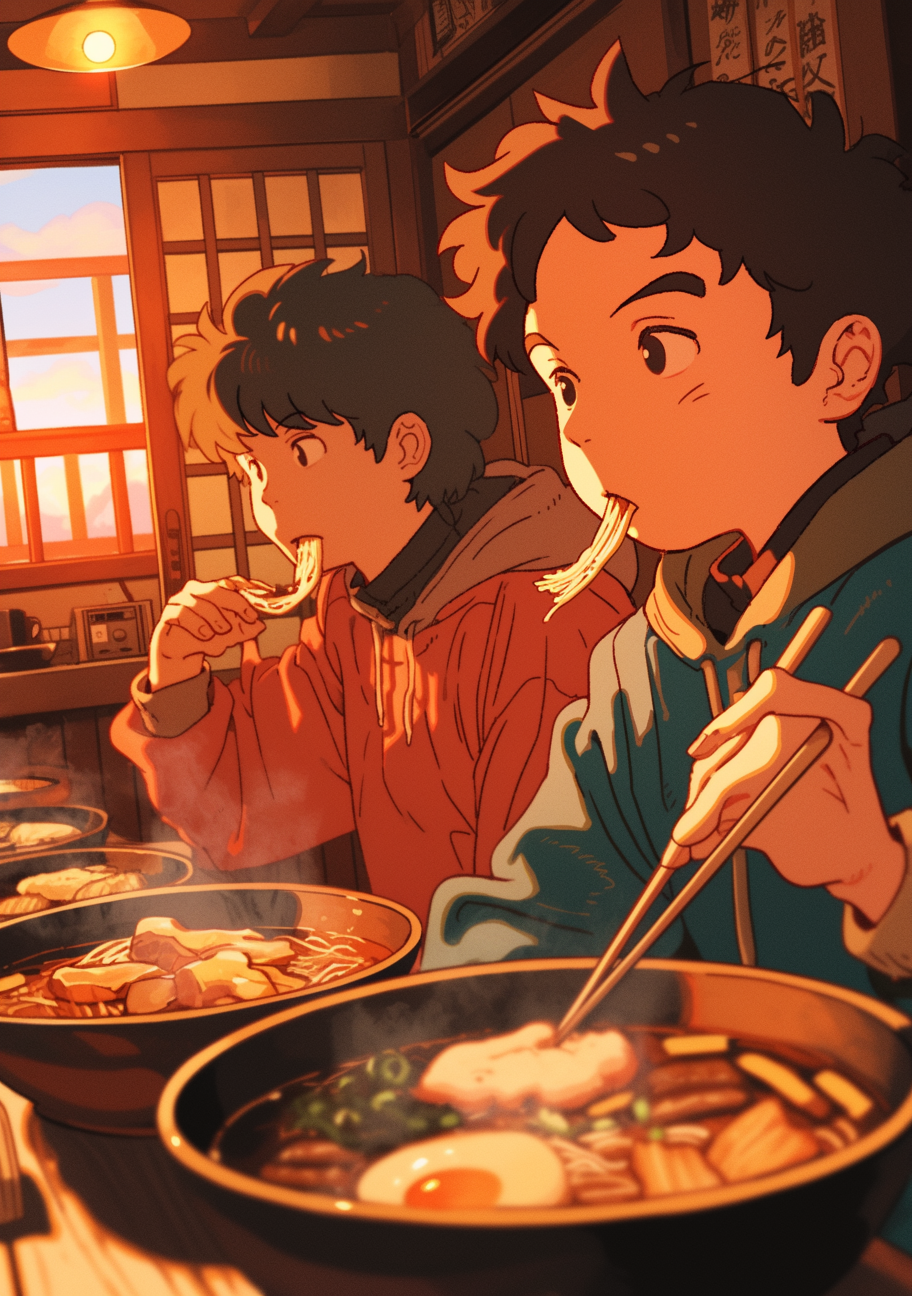 1990s anime style with boys eating in restaurant.