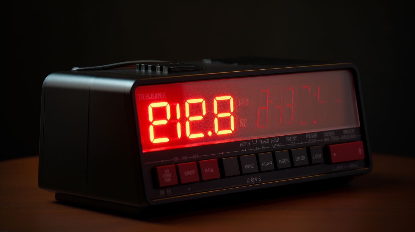 1990s digital alarm clock radio on bedside table.