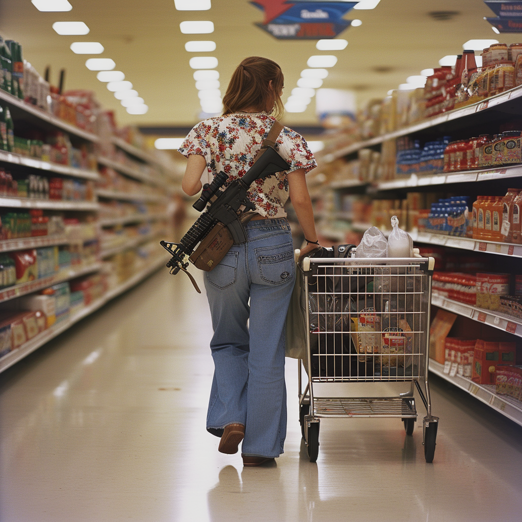 1990s grocery store woman shopping with M16