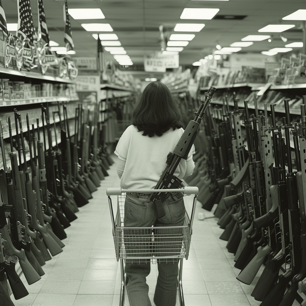 Woman shopping cart assault rifles in grocery store