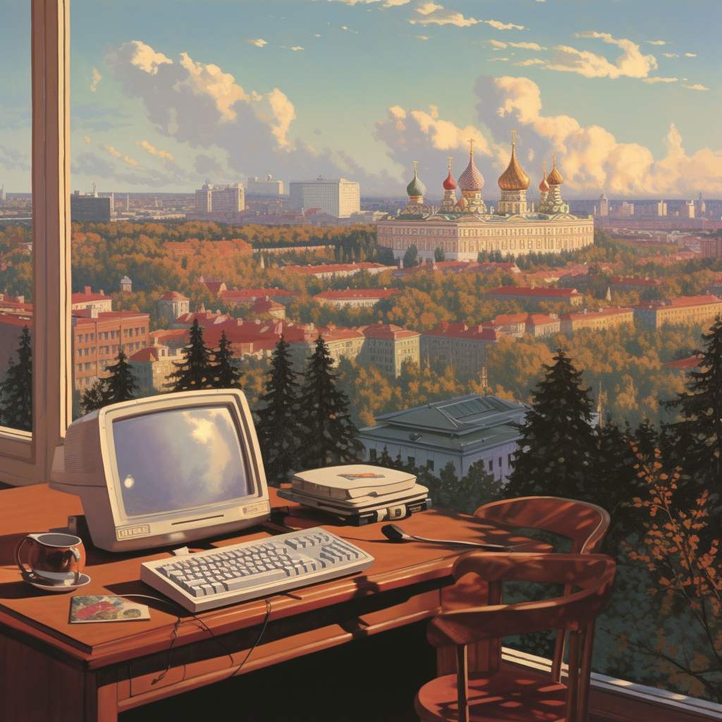 Computer poster in Moscow with Russian architecture