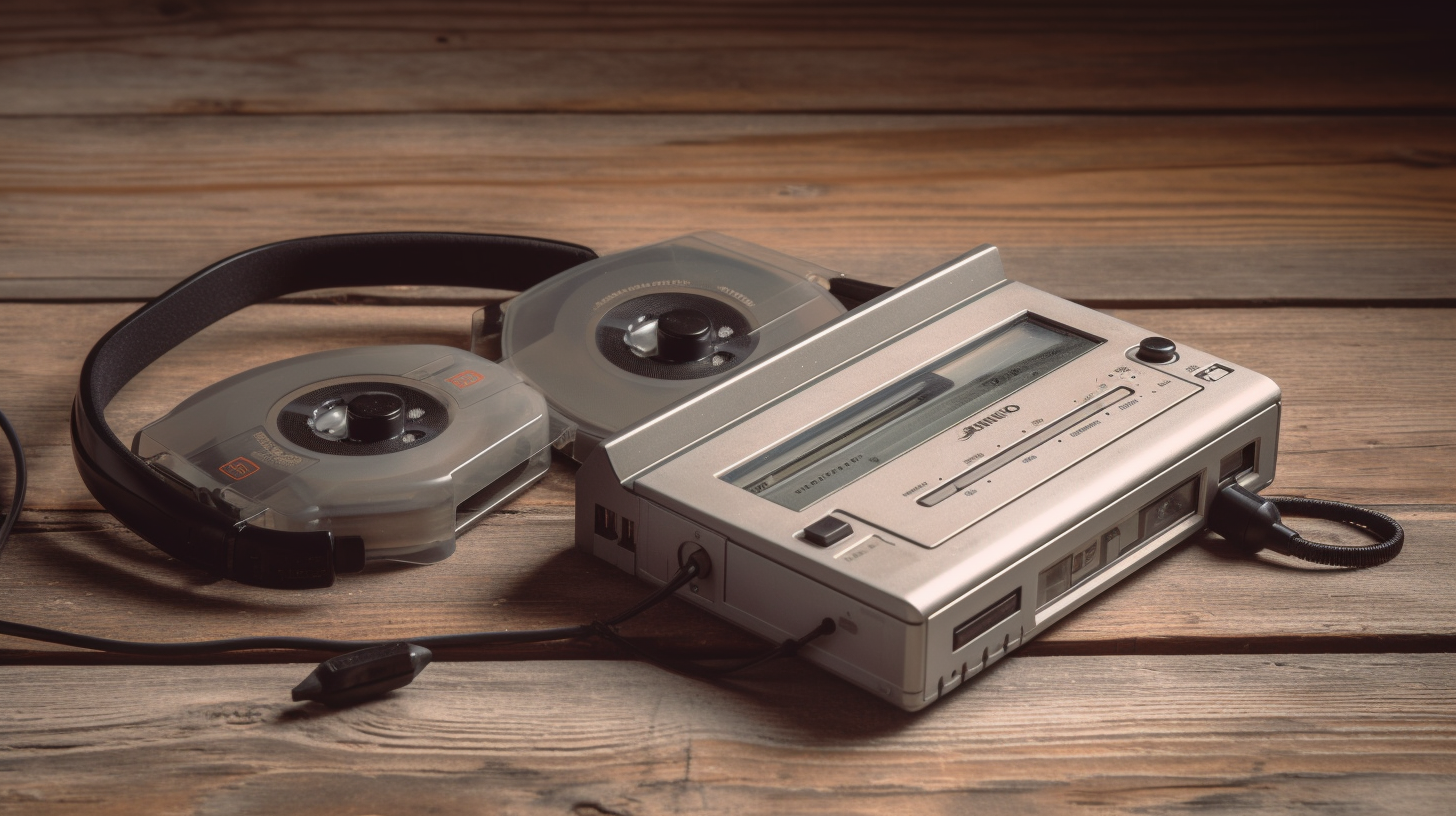 1990s portable cassette player on wooden table with headphones.