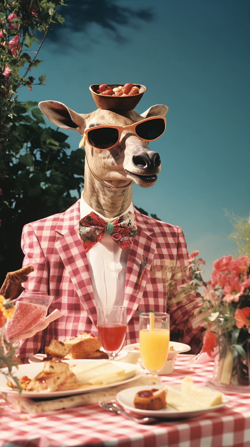 Anthropomorphic deer enjoying BBQ feast