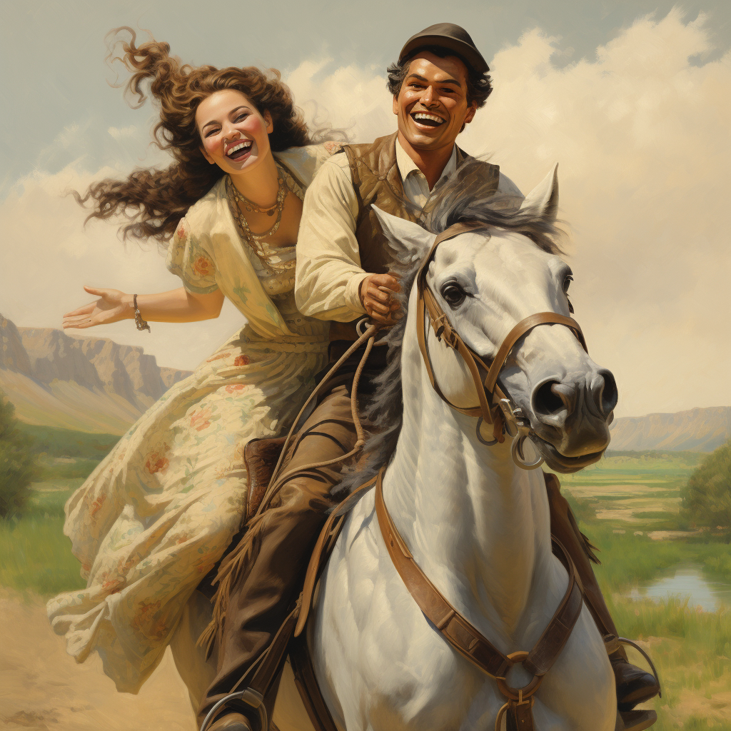 Happily riding horses, 19th century couple