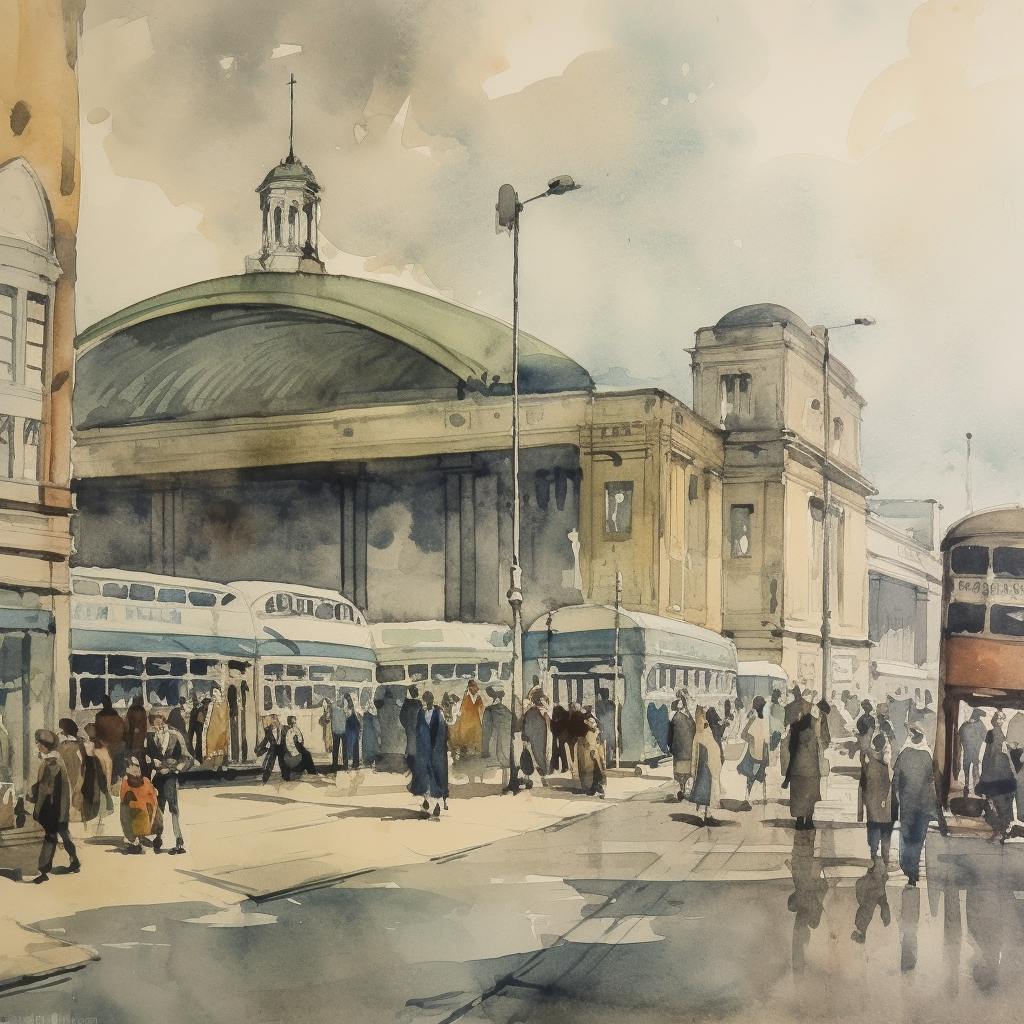 19th century watercolour painting, modern 1960s Preston Bus Station.